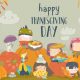 Cartoon children celebrating Thanksgiving Day with