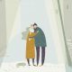Cartoon couple in love hugging on snowing street